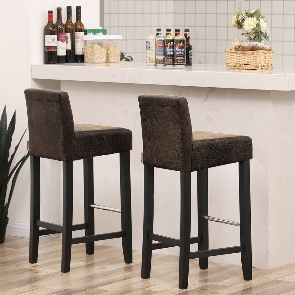 Low Back Bar Stool – PU – Brown and Black – Padded Seat with Solid Wood Legs and Footrest, Set of 2