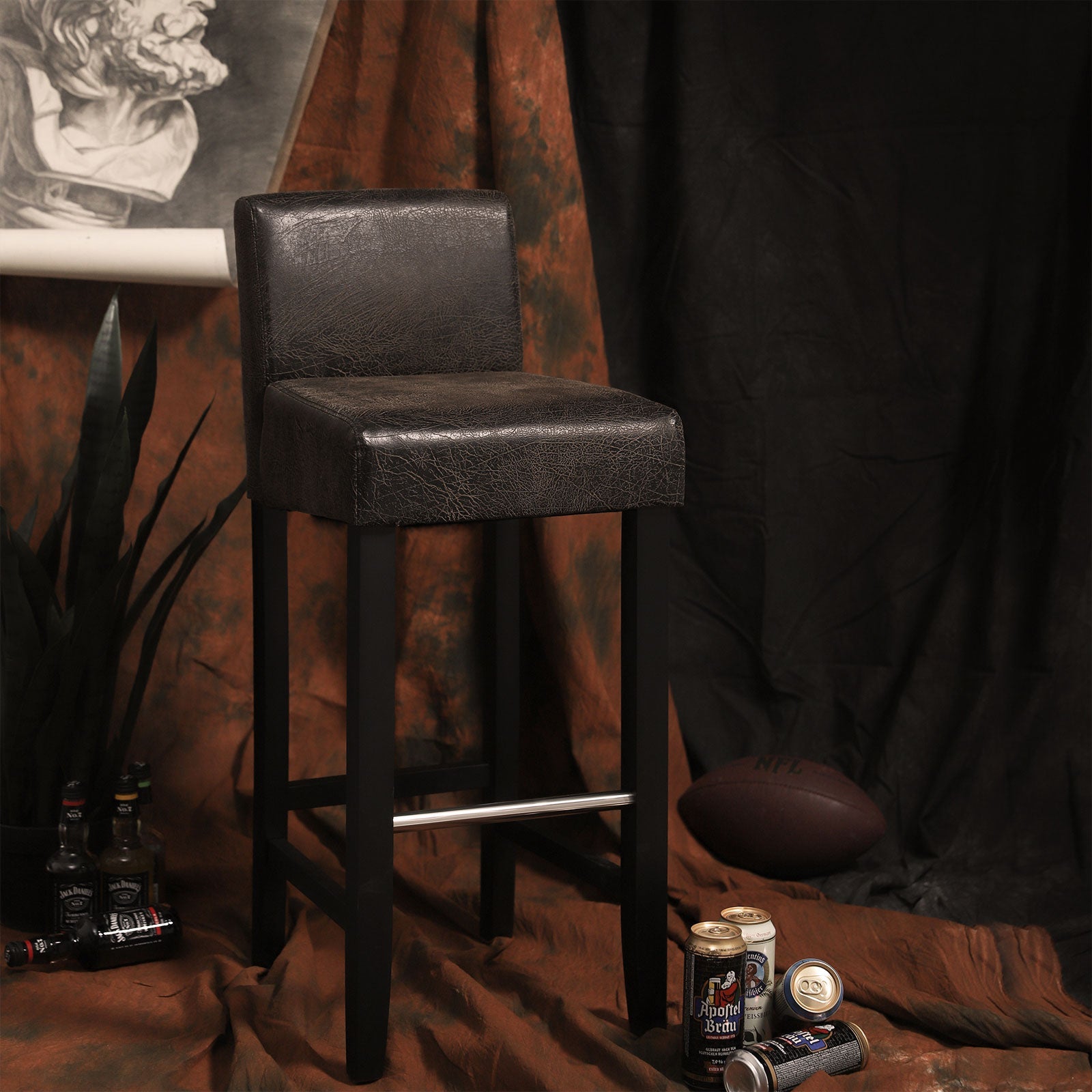 Low Back Bar Stool – PU – Brown and Black – Padded Seat with Solid Wood Legs and Footrest, Set of 2