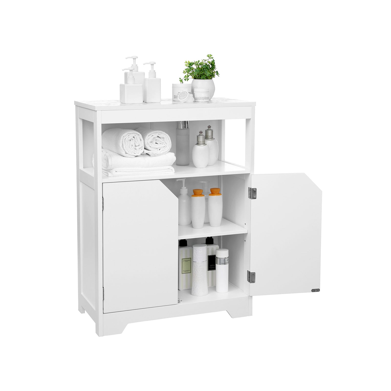 Bathroom Storage Cabinet – MDF – White – Marble-Like Pattern, Open and Adjustable Closed Shelf