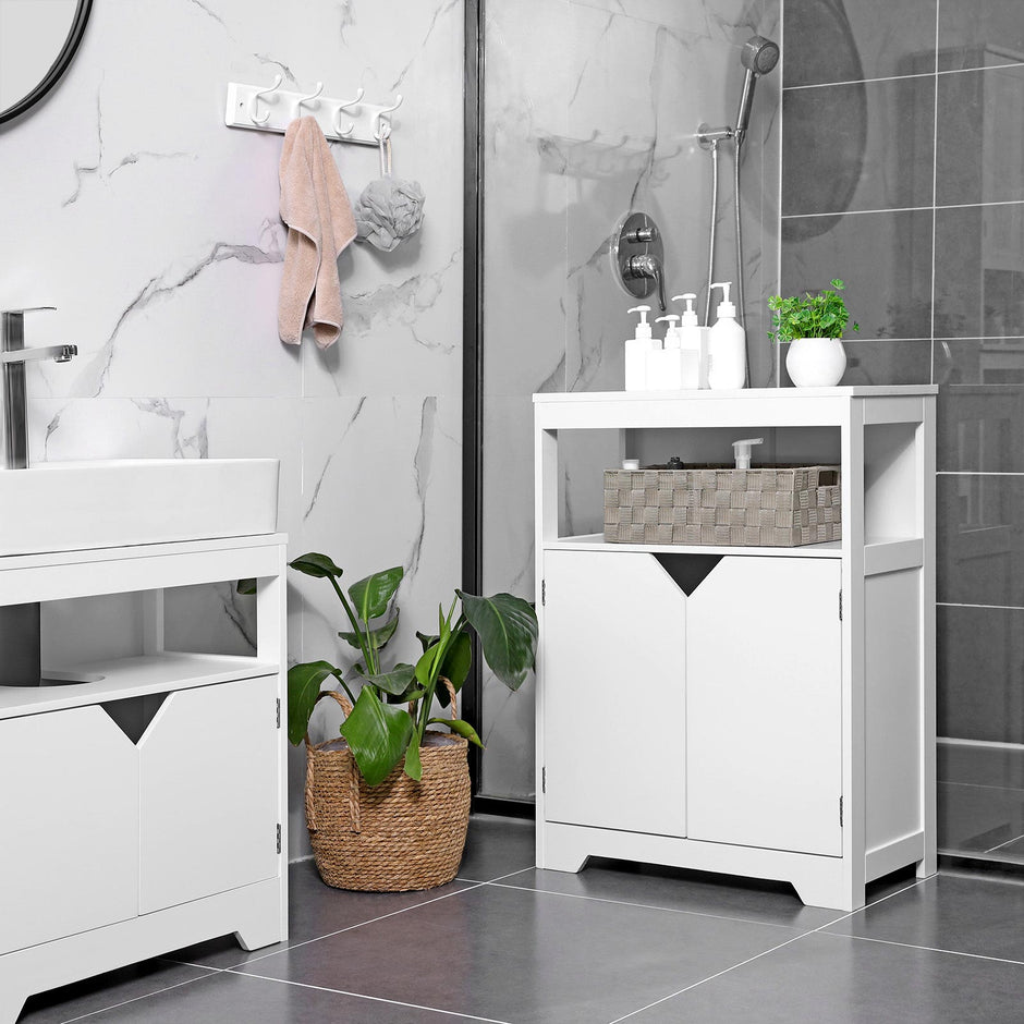 Bathroom Storage Cabinet – MDF – White – Marble-Like Pattern, Open and Adjustable Closed Shelf