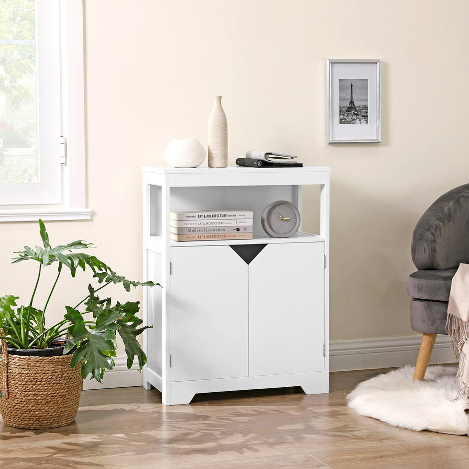 Bathroom Storage Cabinet – MDF – White – Marble-Like Pattern, Open and Adjustable Closed Shelf