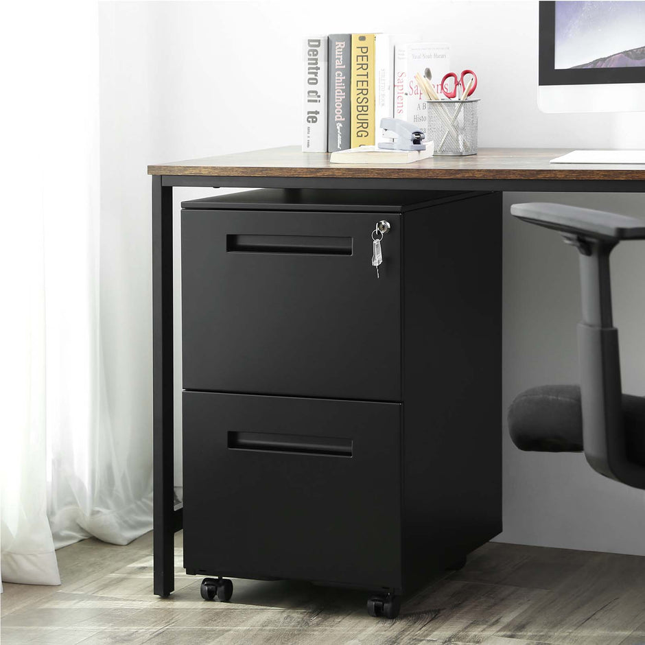 Mobile File Cabinet – Metal – Matte Black – 2 Drawers with Lock