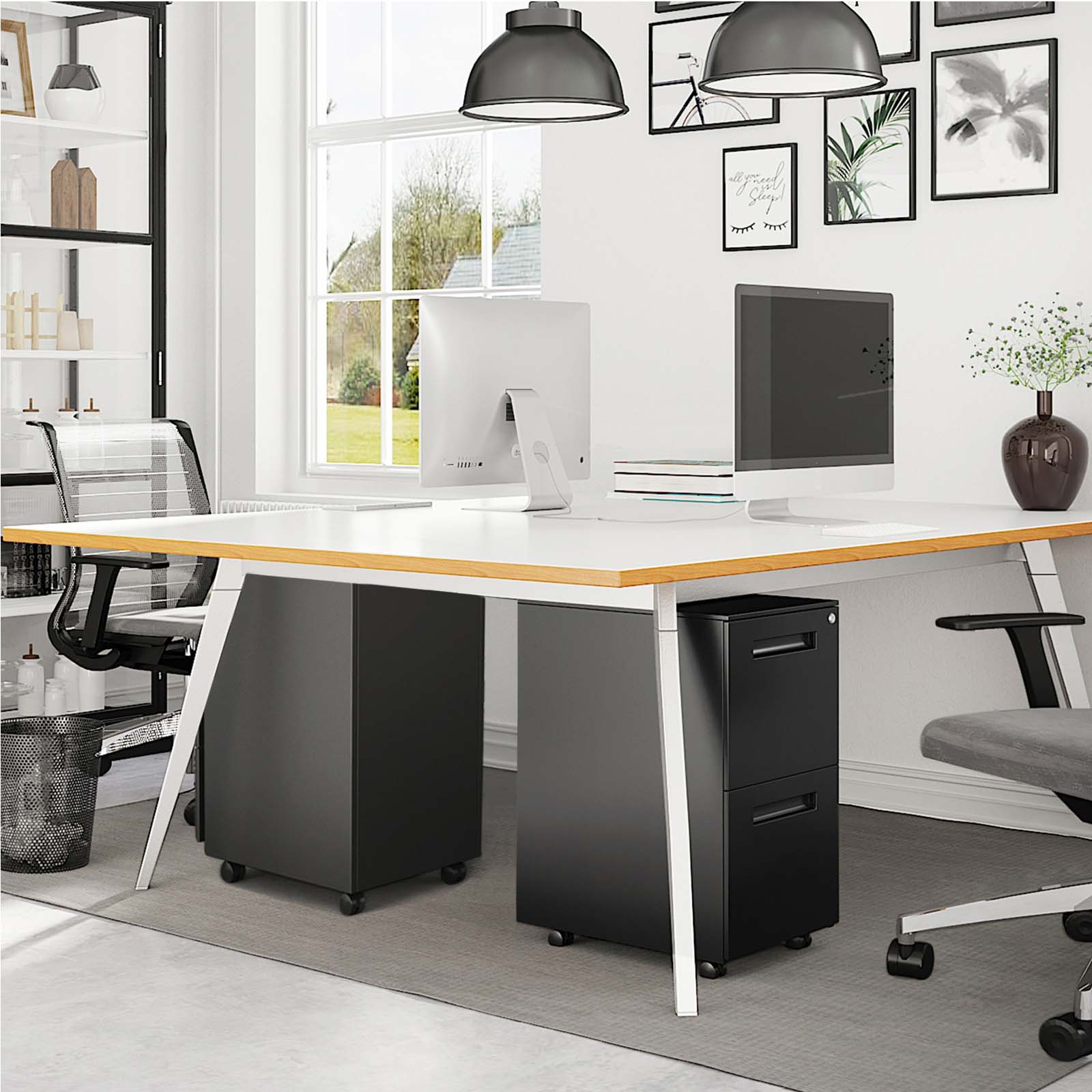 Mobile File Cabinet – Metal – Matte Black – 2 Drawers with Lock