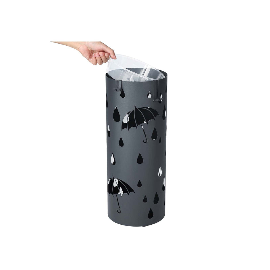 Umbrella Stand – Metal – Matte Anthracite Grey – Round with Water Tray and Hooks