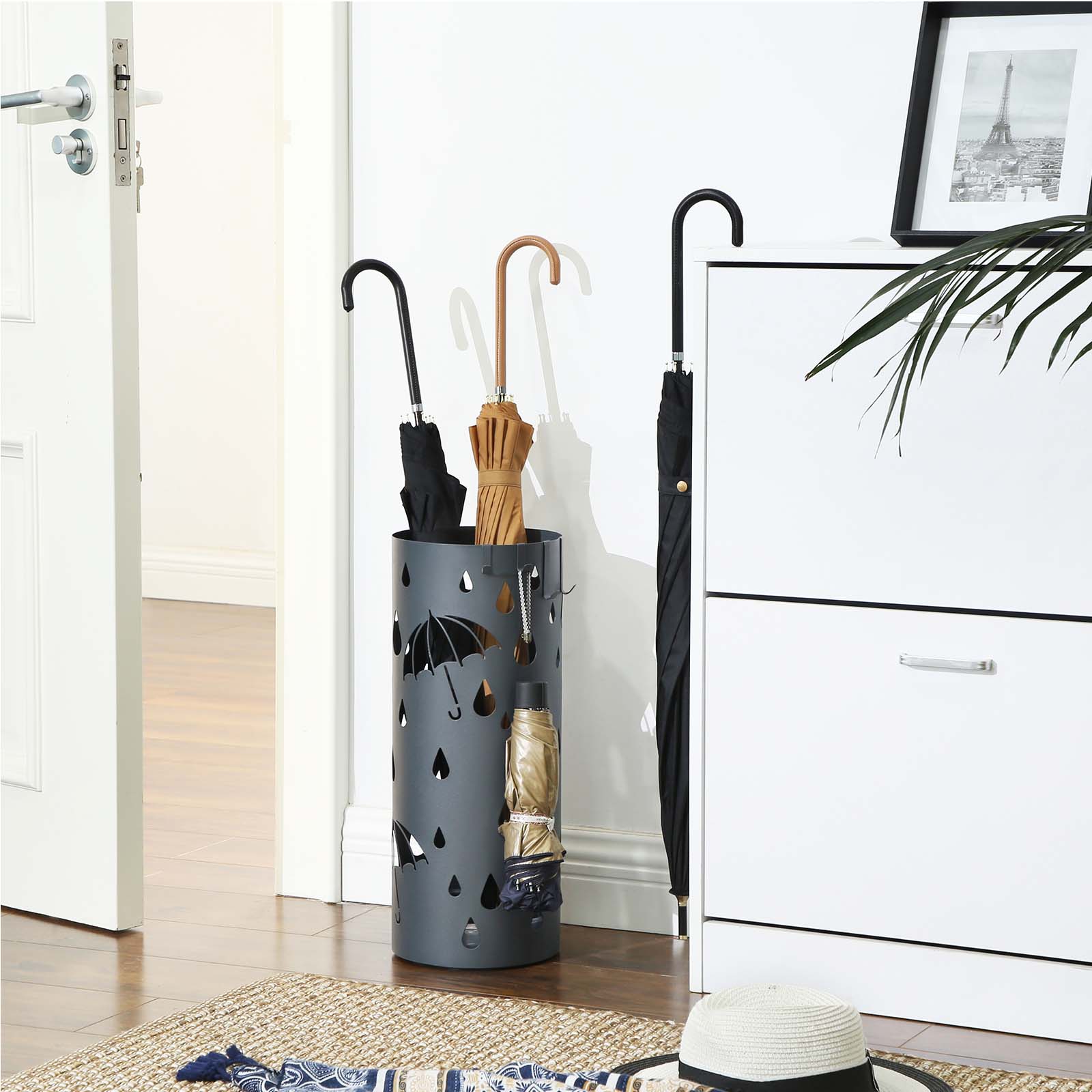 Umbrella Stand – Metal – Matte Anthracite Grey – Round with Water Tray and Hooks