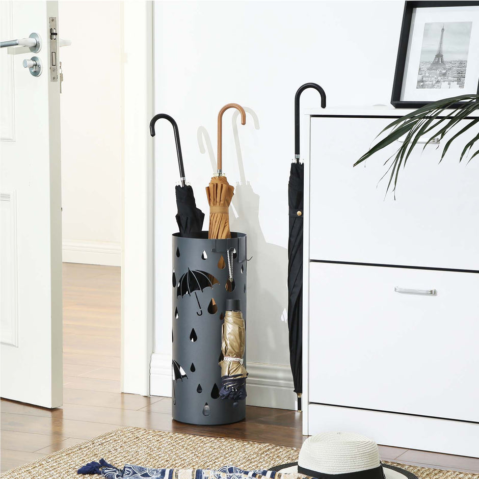 Umbrella Stand – Metal – Matte Anthracite Grey – Round with Water Tray and Hooks