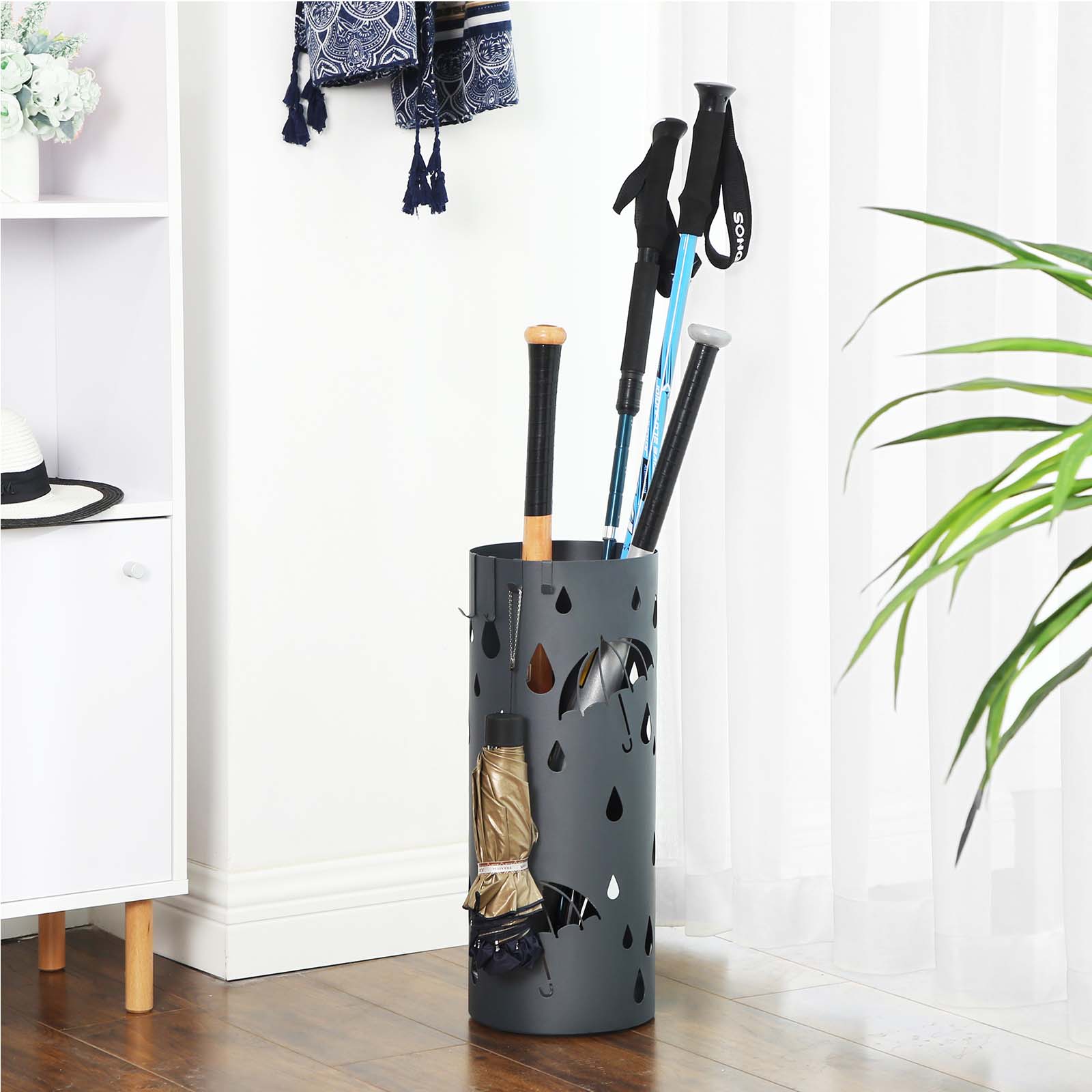 Umbrella Stand – Metal – Matte Anthracite Grey – Round with Water Tray and Hooks