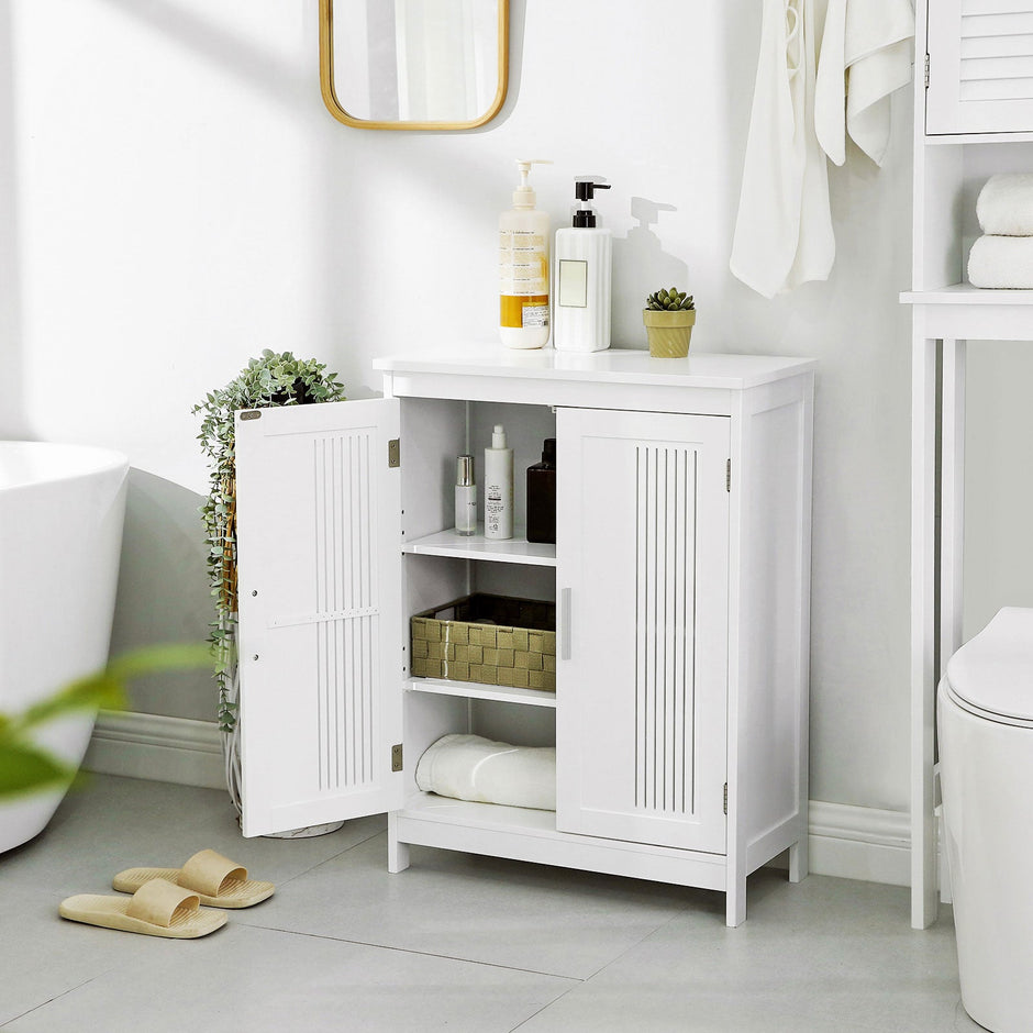 Bathroom Floor Cabinet – Wood – Matte White – 2-Door with Adjustable Shelves
