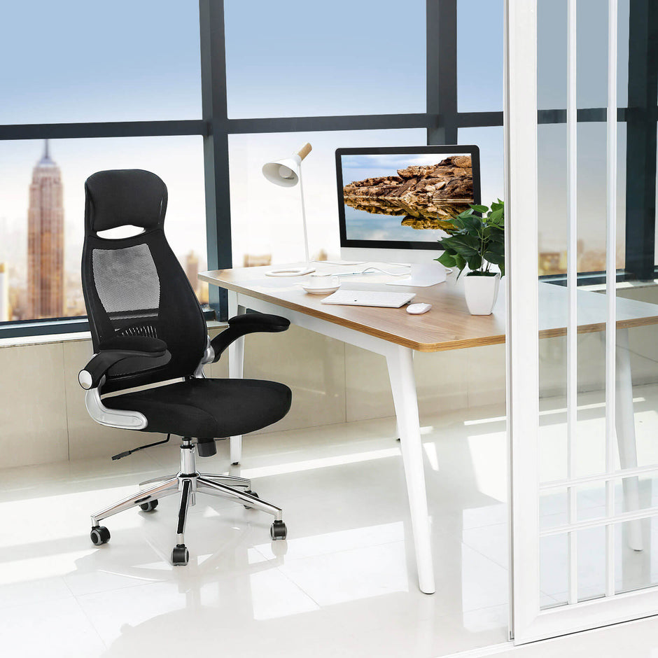 High Back Office Chair – Mesh – Black – Swivel Design with Flip-Up Armrests