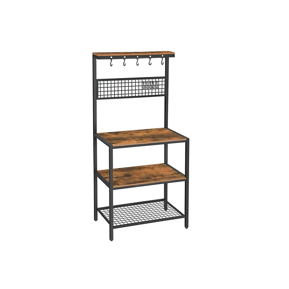 Kitchen Baker's Rack – Metal and Wood – Rustic Brown – Multi-Functional with Storage Shelves and Hooks
