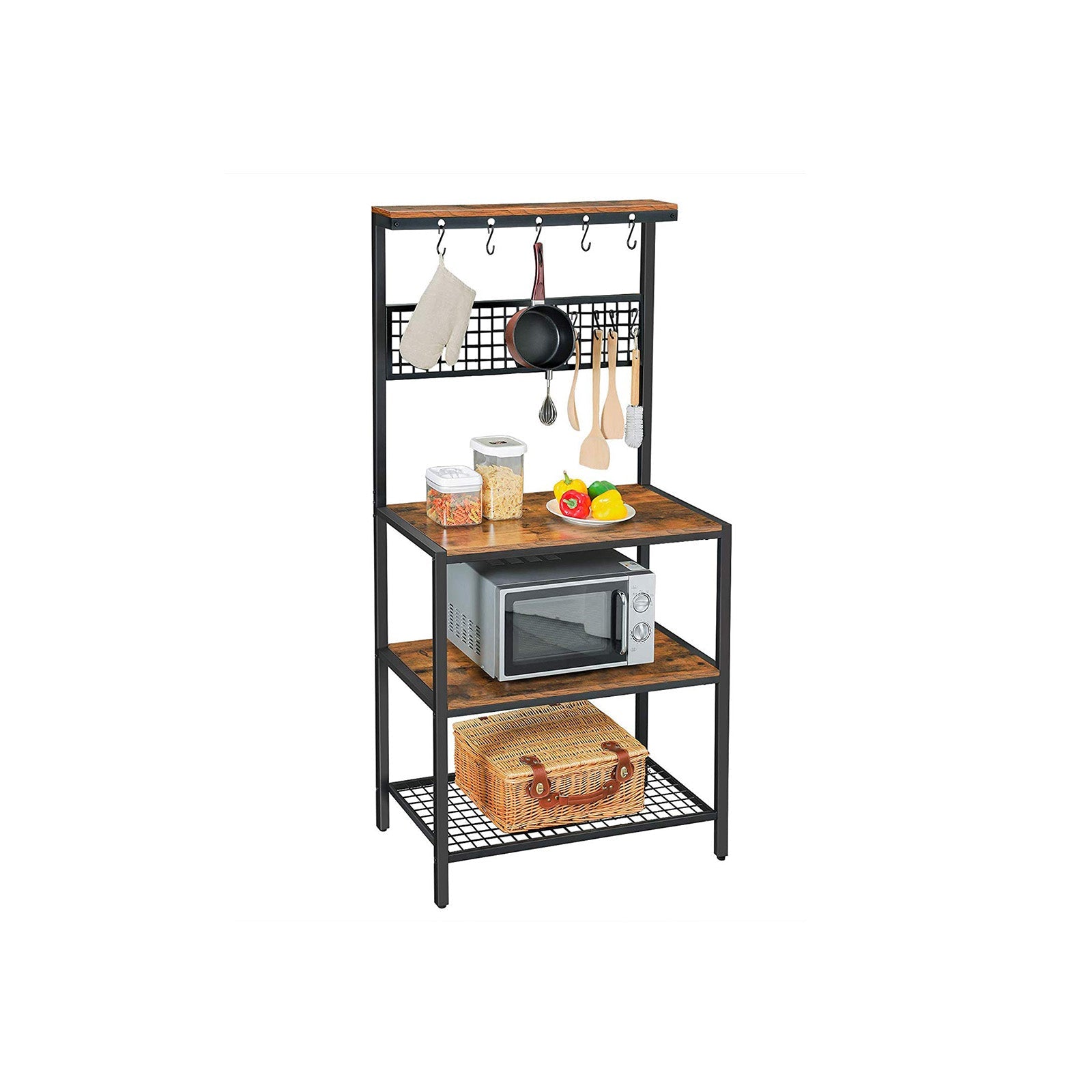 Kitchen Baker's Rack – Metal and Wood – Rustic Brown – Multi-Functional with Storage Shelves and Hooks
