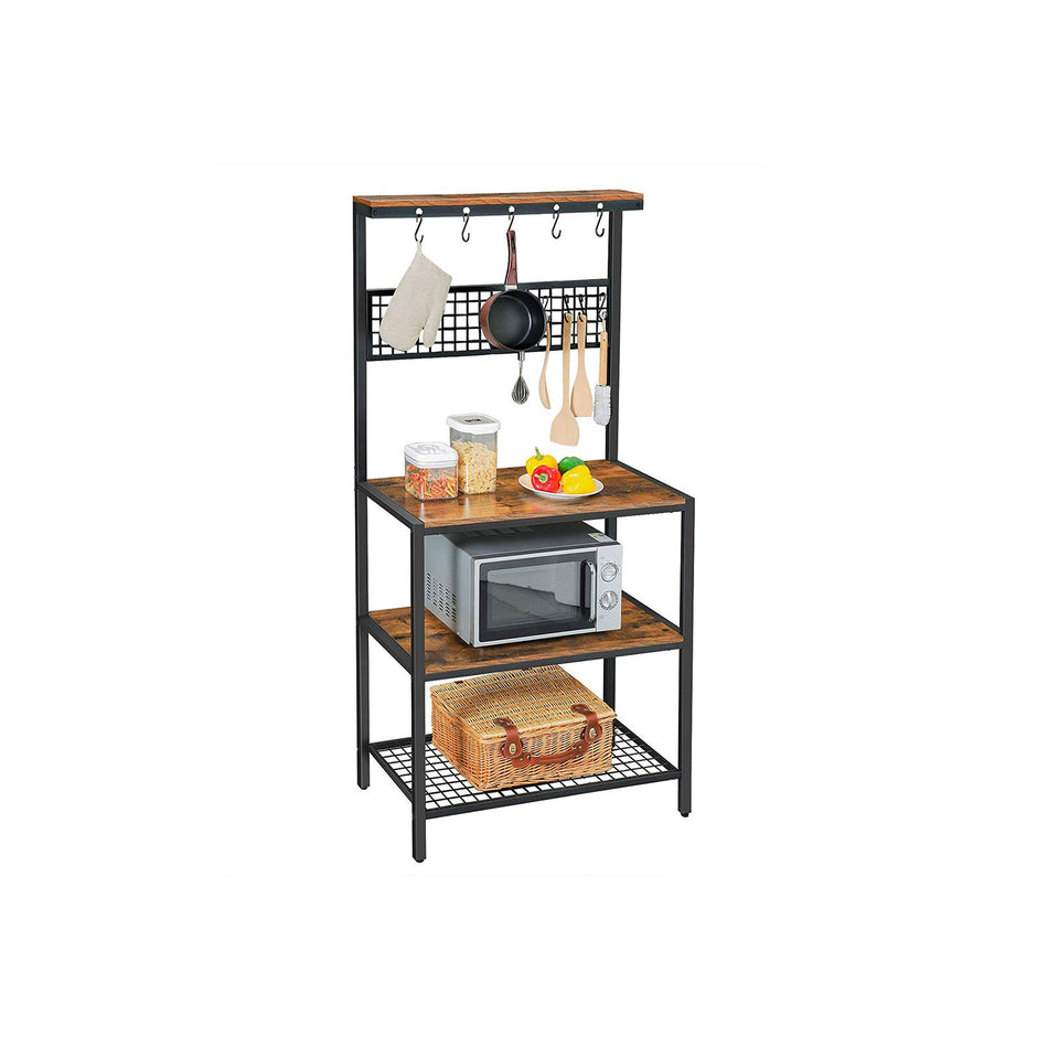 Kitchen Baker's Rack – Metal and Wood – Rustic Brown – Multi-Functional with Storage Shelves and Hooks