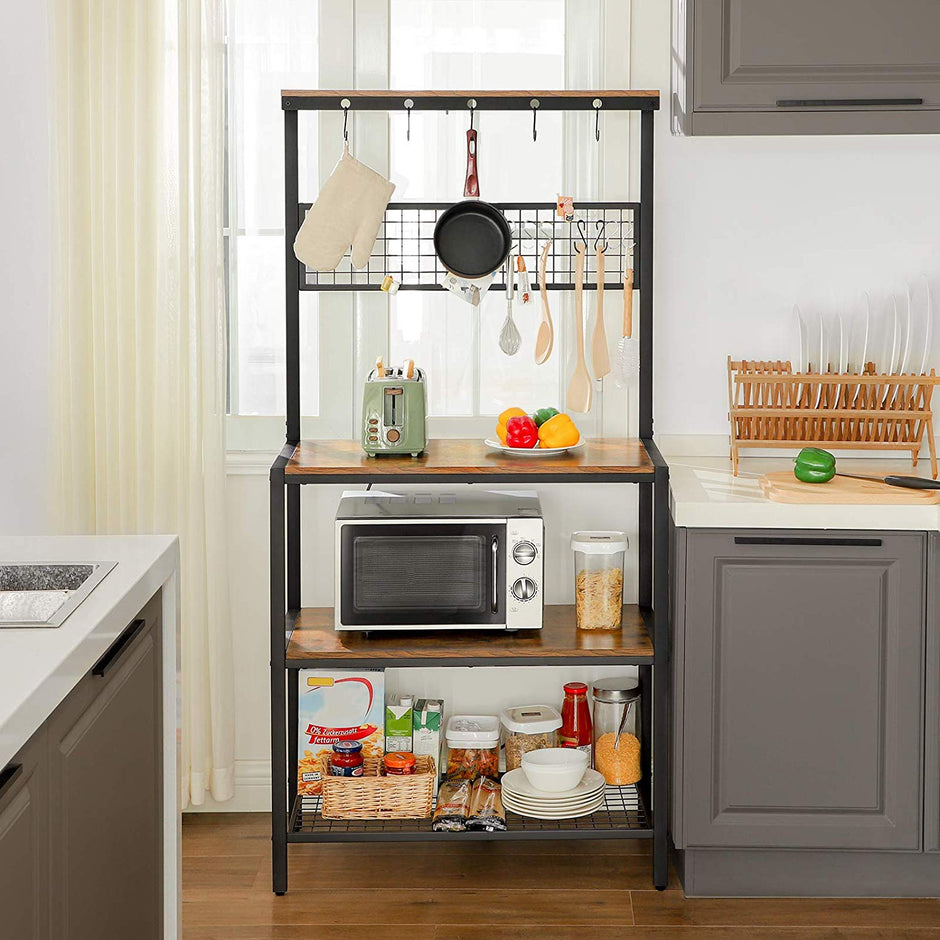 Kitchen Baker's Rack – Metal and Wood – Rustic Brown – Multi-Functional with Storage Shelves and Hooks