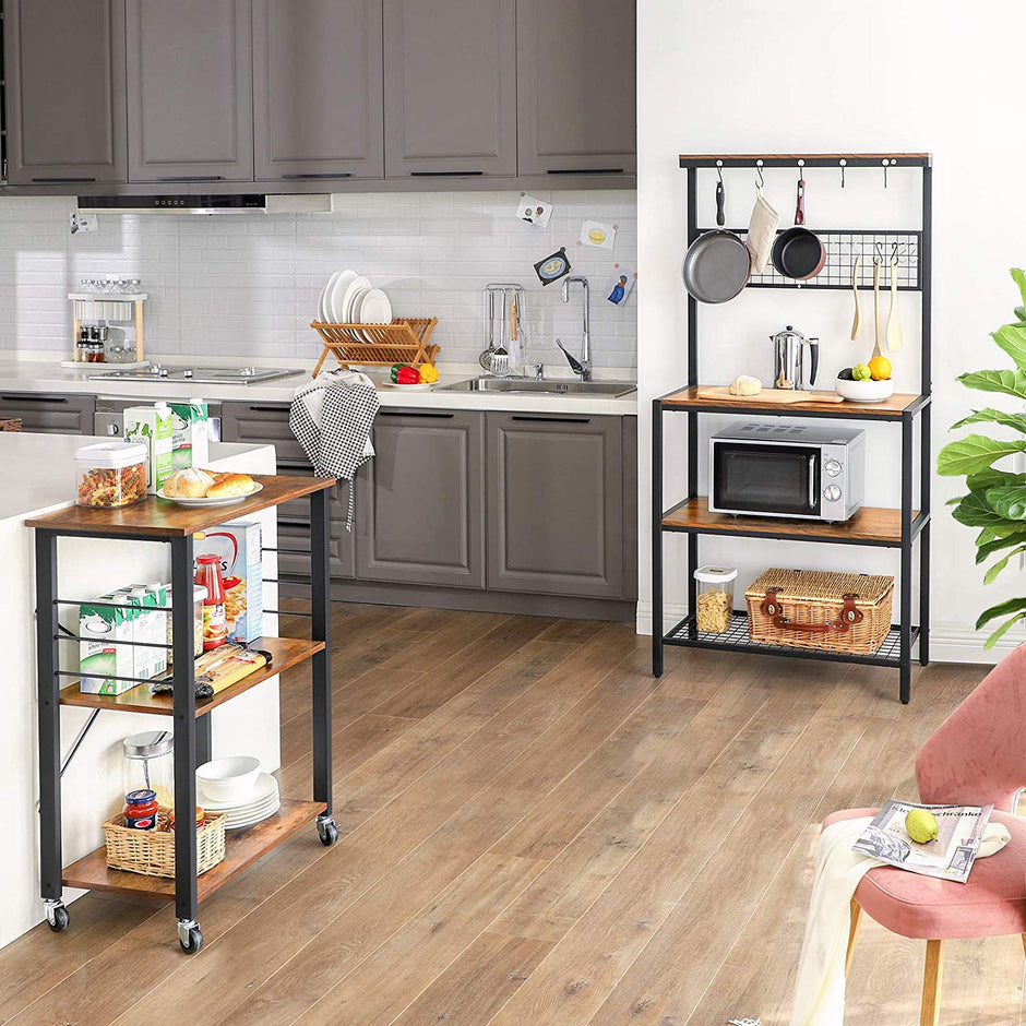 Kitchen Baker's Rack – Metal and Wood – Rustic Brown – Multi-Functional with Storage Shelves and Hooks
