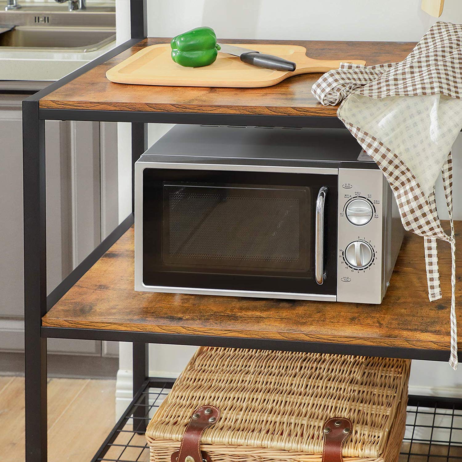Kitchen Baker's Rack – Metal and Wood – Rustic Brown – Multi-Functional with Storage Shelves and Hooks