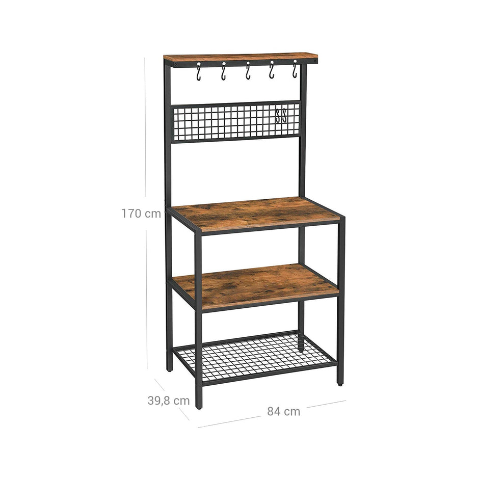 Kitchen Baker's Rack – Metal and Wood – Rustic Brown – Multi-Functional with Storage Shelves and Hooks