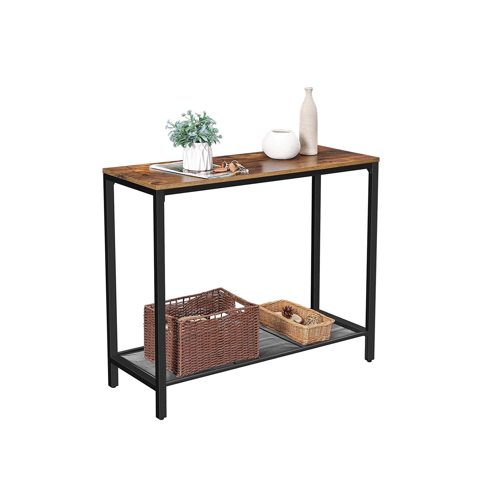 Console Table – Metal and Wood – Rustic Brown and Black – Mesh Shelf