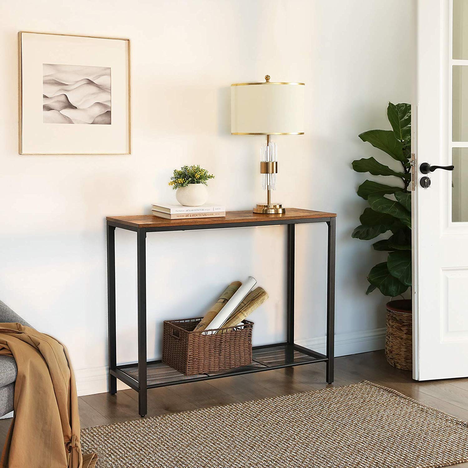 Console Table – Metal and Wood – Rustic Brown and Black – Mesh Shelf