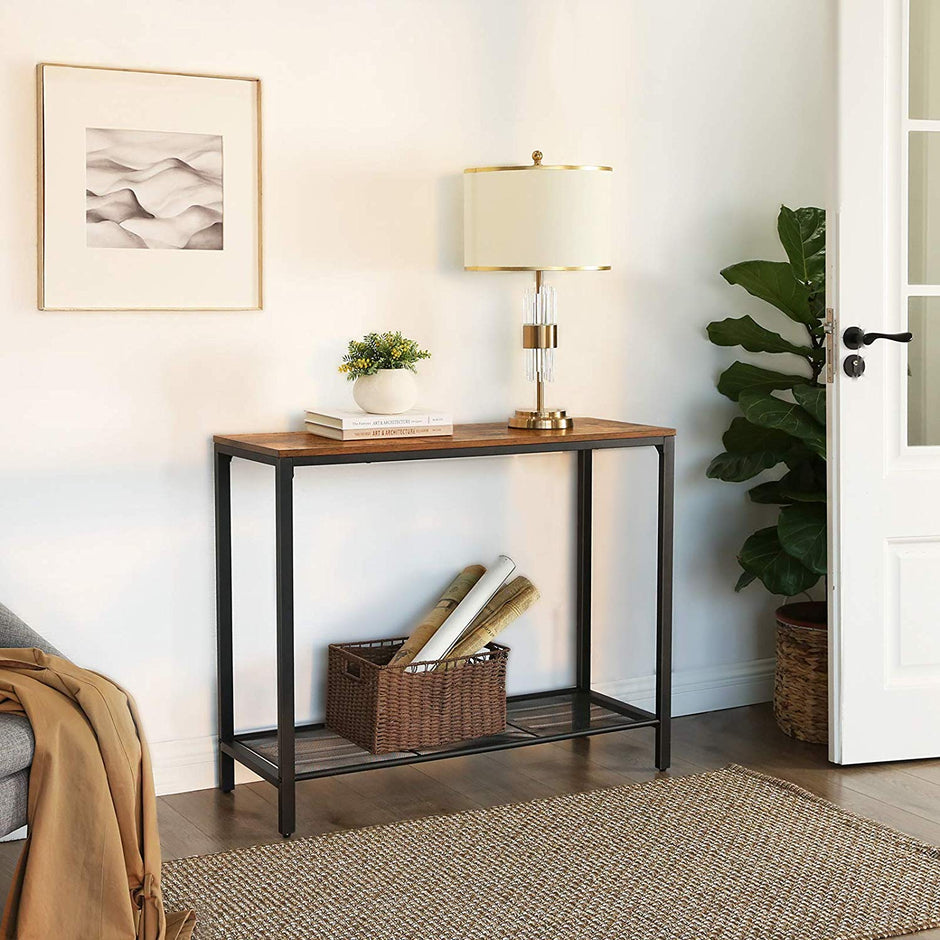 Console Table – Metal and Wood – Rustic Brown and Black – Mesh Shelf