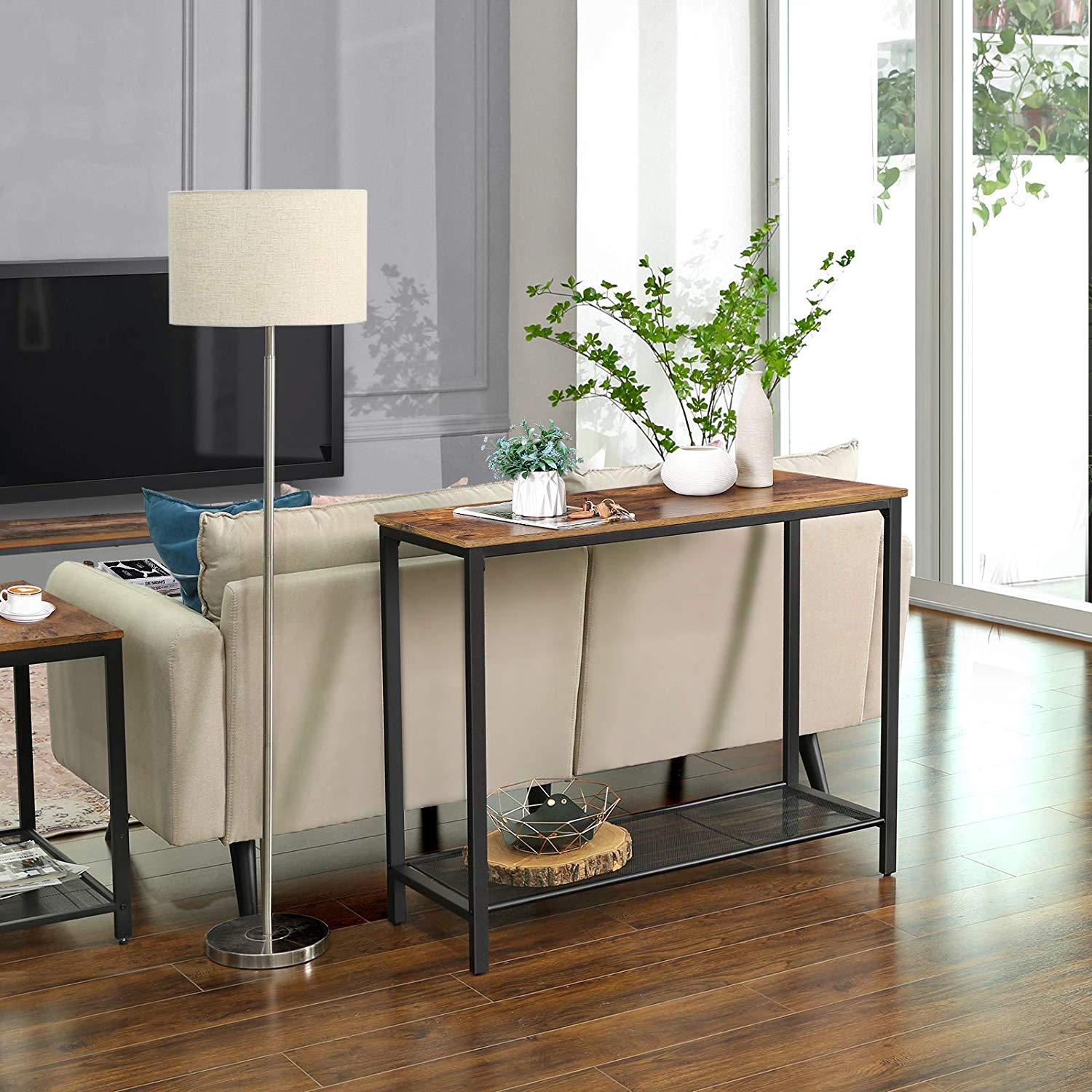 Console Table – Metal and Wood – Rustic Brown and Black – Mesh Shelf