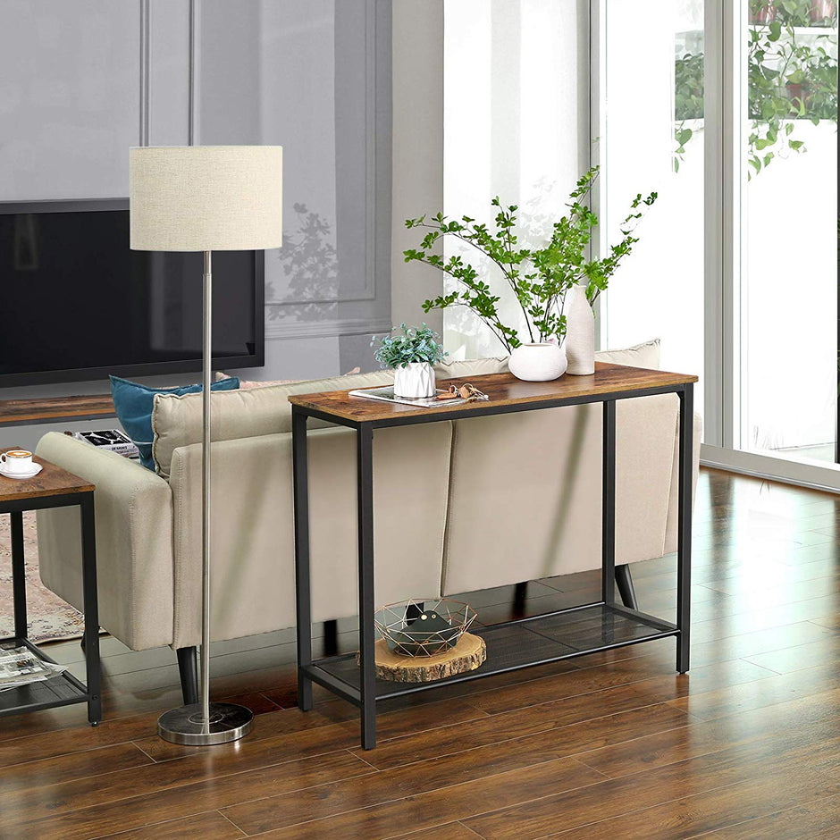 Console Table – Metal and Wood – Rustic Brown and Black – Mesh Shelf