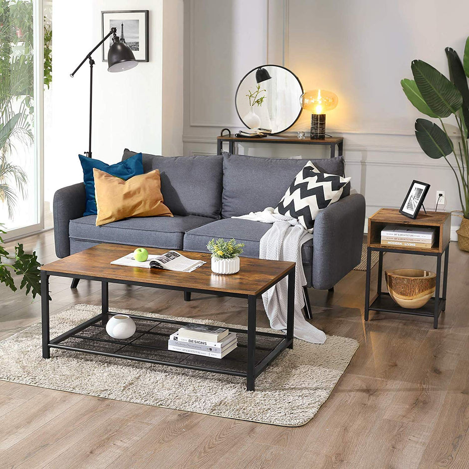 Console Table – Metal and Wood – Rustic Brown and Black – Mesh Shelf