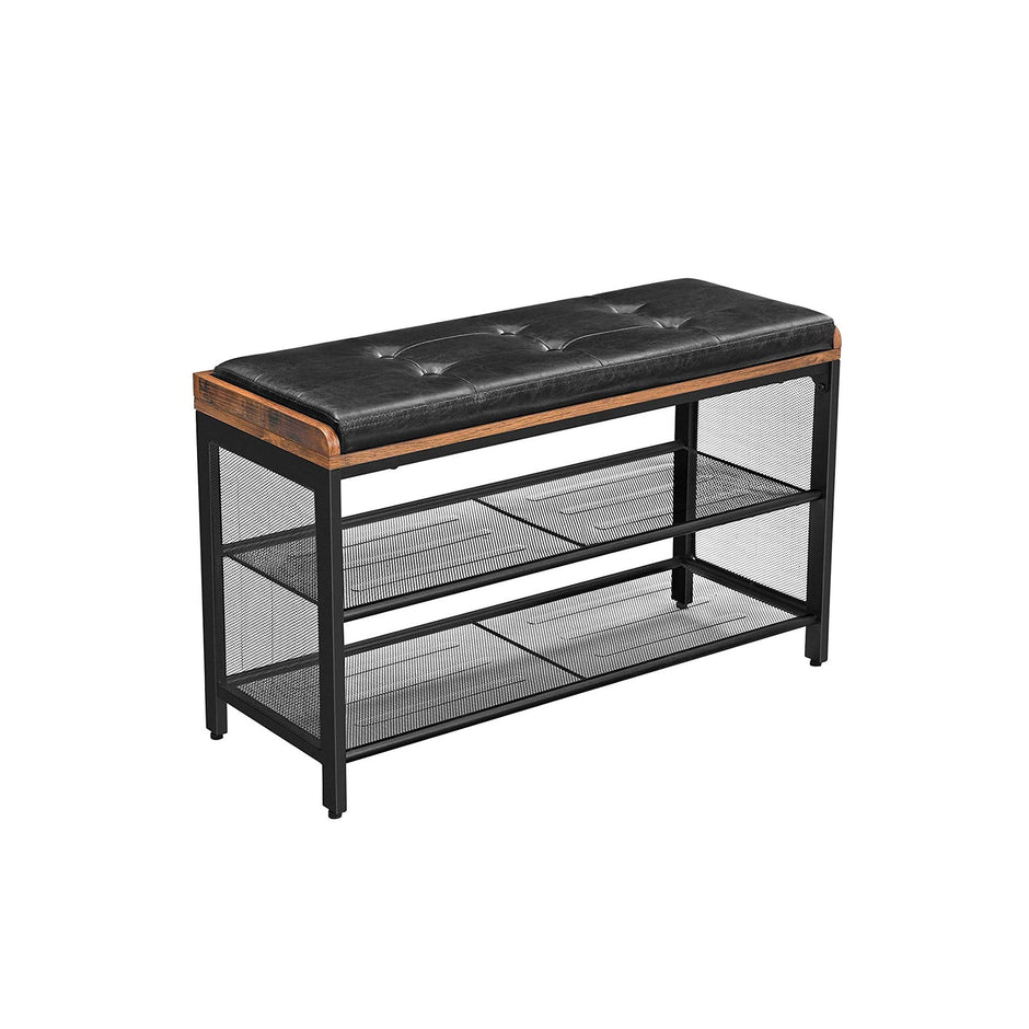 Shoe Bench – Metal Frame and Padded Seating – Black Imitation Leather and Rustic Brown – Mesh Shelf for Space-Saving Storage