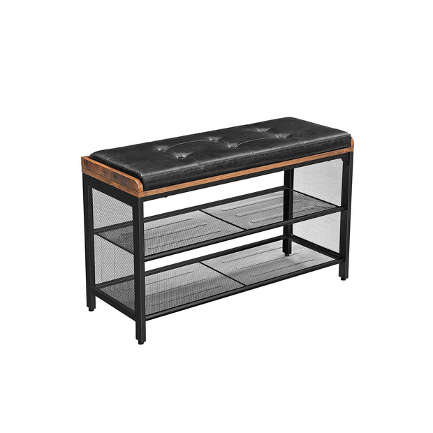 Shoe Bench – Metal Frame and Padded Seating – Black Imitation Leather and Rustic Brown – Mesh Shelf for Space-Saving Storage