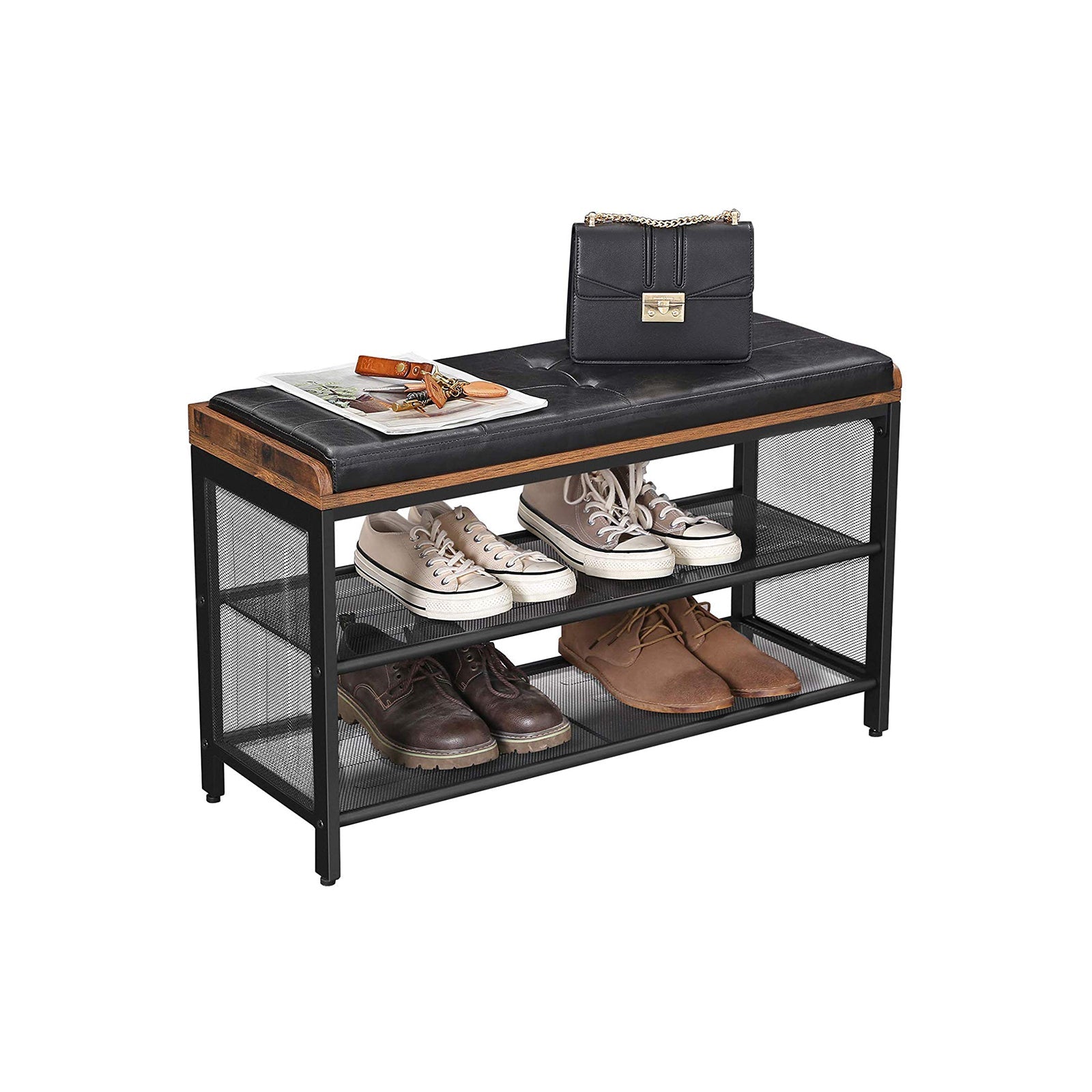 Shoe Bench – Metal Frame and Padded Seating – Black Imitation Leather and Rustic Brown – Mesh Shelf for Space-Saving Storage