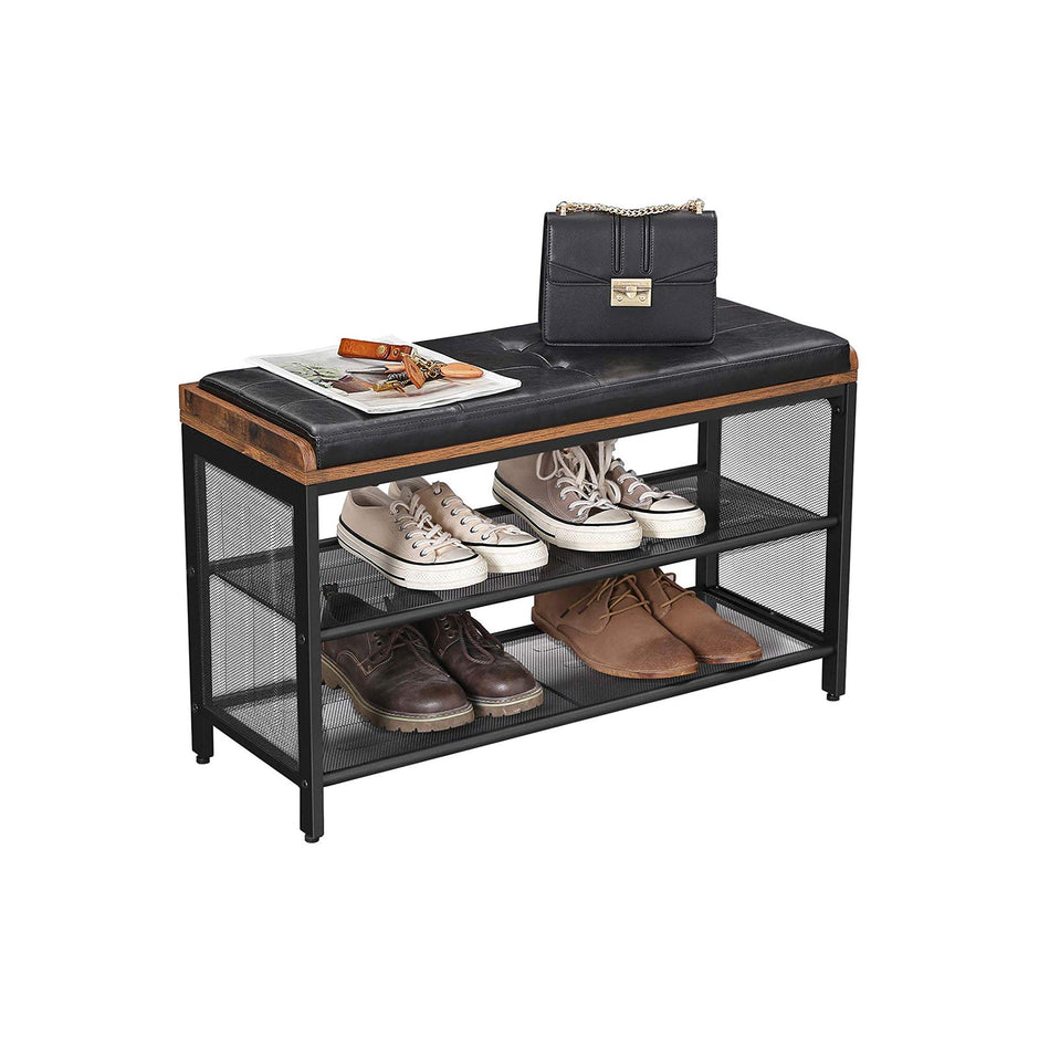 Shoe Bench – Metal Frame and Padded Seating – Black Imitation Leather and Rustic Brown – Mesh Shelf for Space-Saving Storage