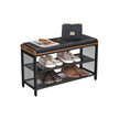 Shoe Bench – Metal Frame and Padded Seating – Black Imitation Leather and Rustic Brown – Mesh Shelf for Space-Saving Storage
