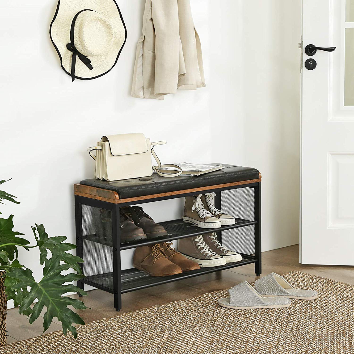 Shoe Bench – Metal Frame and Padded Seating – Black Imitation Leather and Rustic Brown – Mesh Shelf for Space-Saving Storage