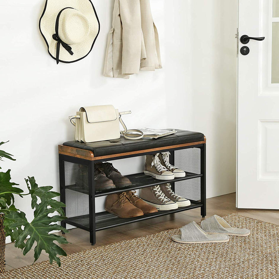 Shoe Bench – Metal Frame and Padded Seating – Black Imitation Leather and Rustic Brown – Mesh Shelf for Space-Saving Storage