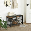 Shoe Bench – Metal Frame and Padded Seating – Black Imitation Leather and Rustic Brown – Mesh Shelf for Space-Saving Storage