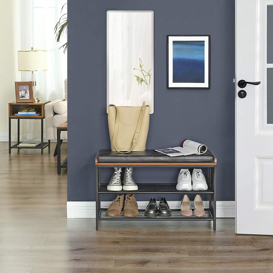 Shoe Bench – Metal Frame and Padded Seating – Black Imitation Leather and Rustic Brown – Mesh Shelf for Space-Saving Storage