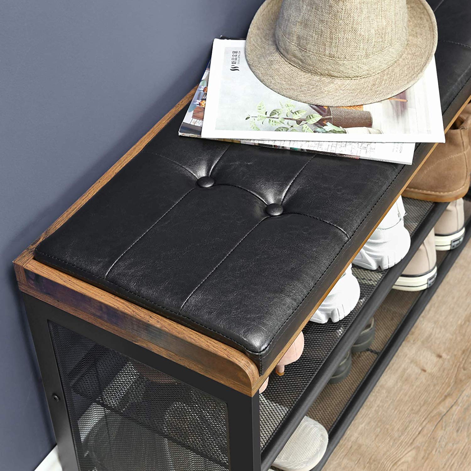 Shoe Bench – Metal Frame and Padded Seating – Black Imitation Leather and Rustic Brown – Mesh Shelf for Space-Saving Storage