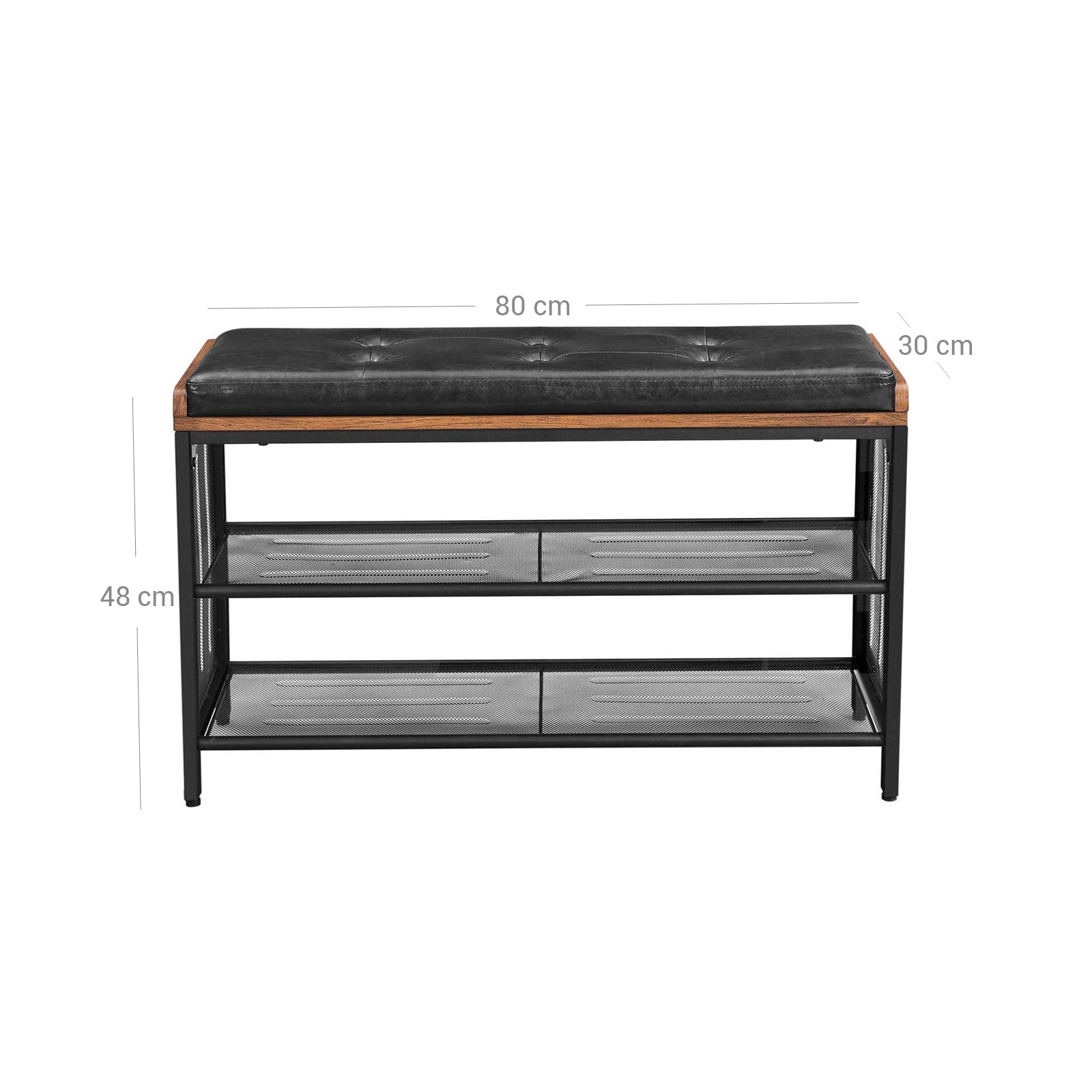 Shoe Bench – Metal Frame and Padded Seating – Black Imitation Leather and Rustic Brown – Mesh Shelf for Space-Saving Storage