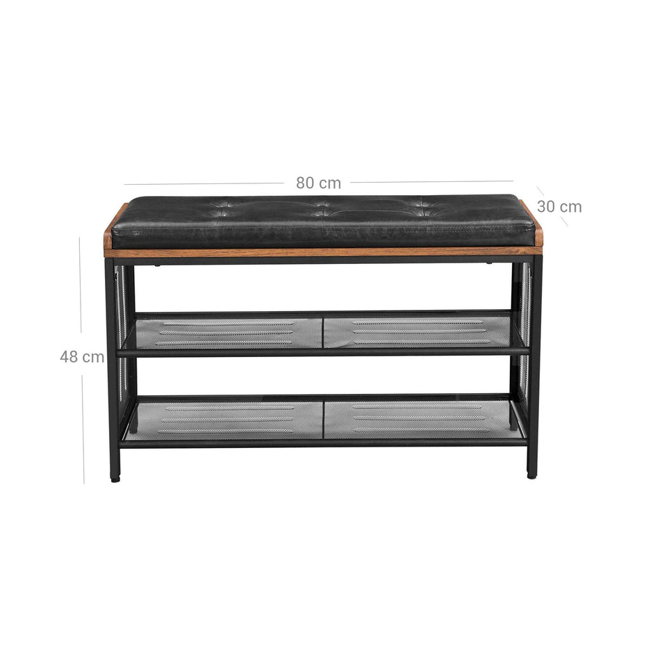 Shoe Bench – Metal Frame and Padded Seating – Black Imitation Leather and Rustic Brown – Mesh Shelf for Space-Saving Storage