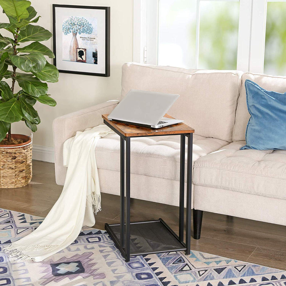 Mesh Shelf Side Table – Metal and Wood – Rustic Brown – Space-Saving Design