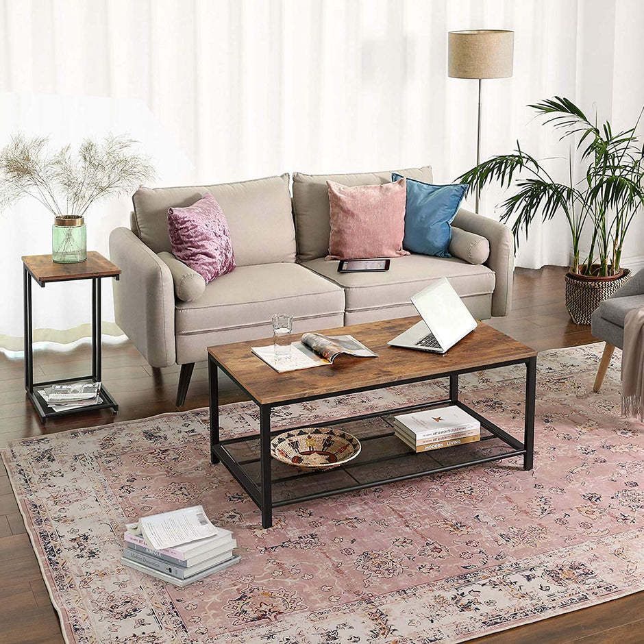 Mesh Shelf Side Table – Metal and Wood – Rustic Brown – Space-Saving Design