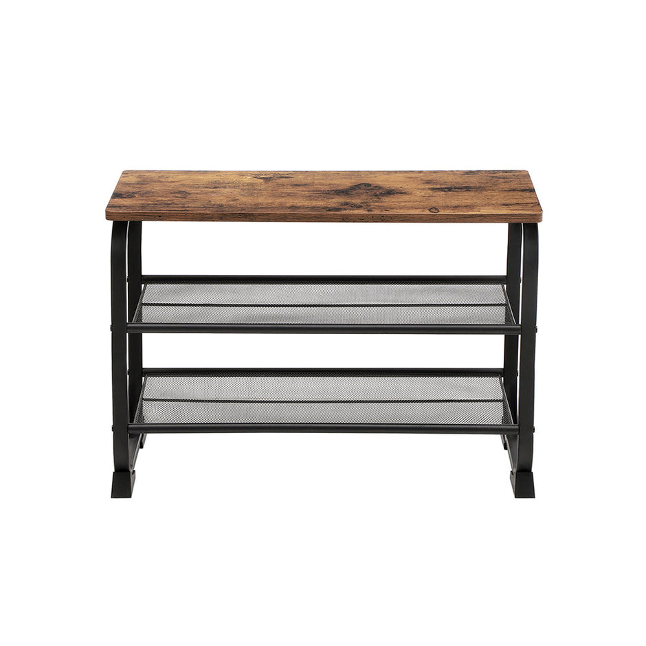 Shoe Bench – Metal and Mesh – Rustic Brown – Space-Saving Design with 2 Shelves