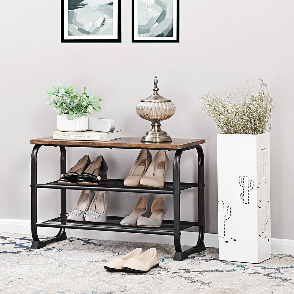 Shoe Bench – Metal and Mesh – Rustic Brown – Space-Saving Design with 2 Shelves