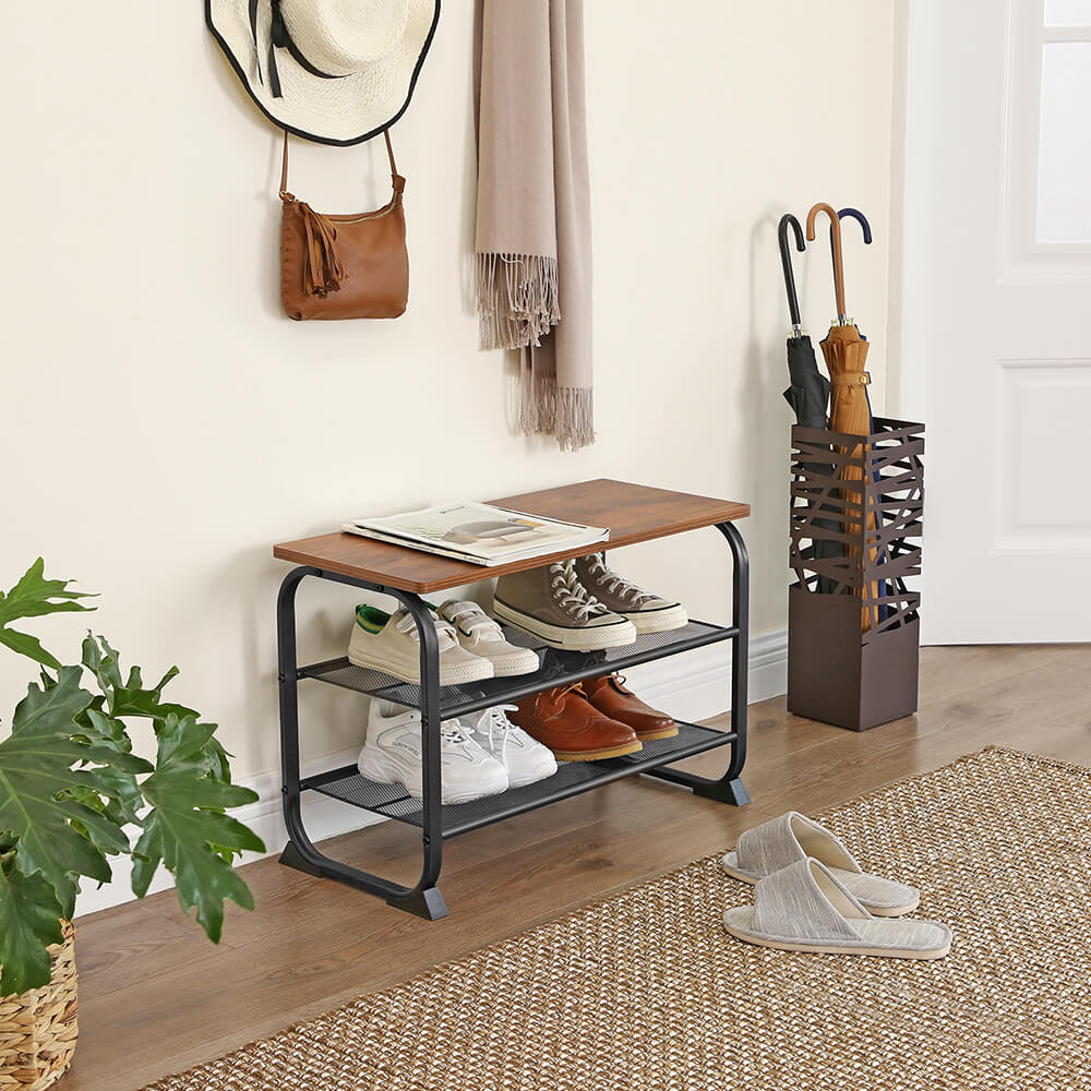 Shoe Bench – Metal and Mesh – Rustic Brown – Space-Saving Design with 2 Shelves