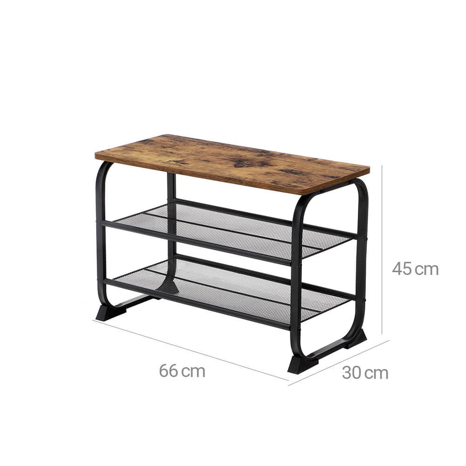 Shoe Bench – Metal and Mesh – Rustic Brown – Space-Saving Design with 2 Shelves