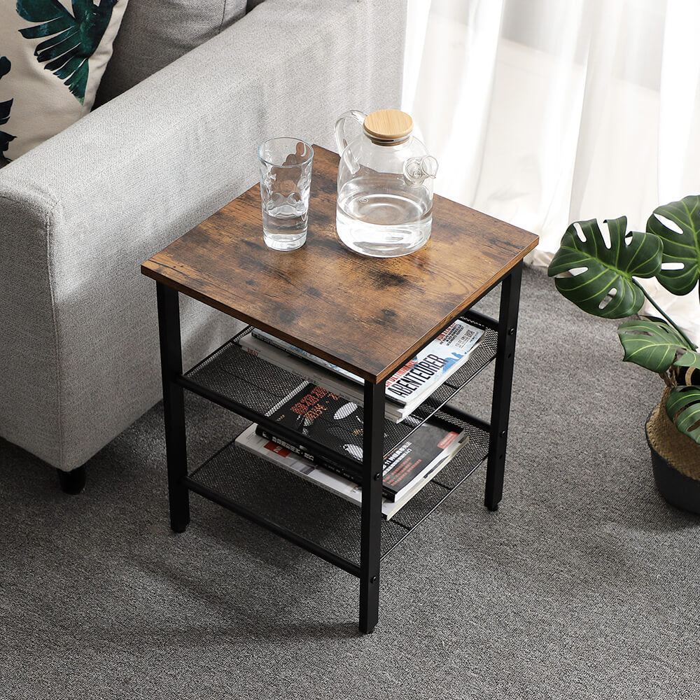 Side Table Set – Metal – Industrial Style – Adjustable Mesh Shelves