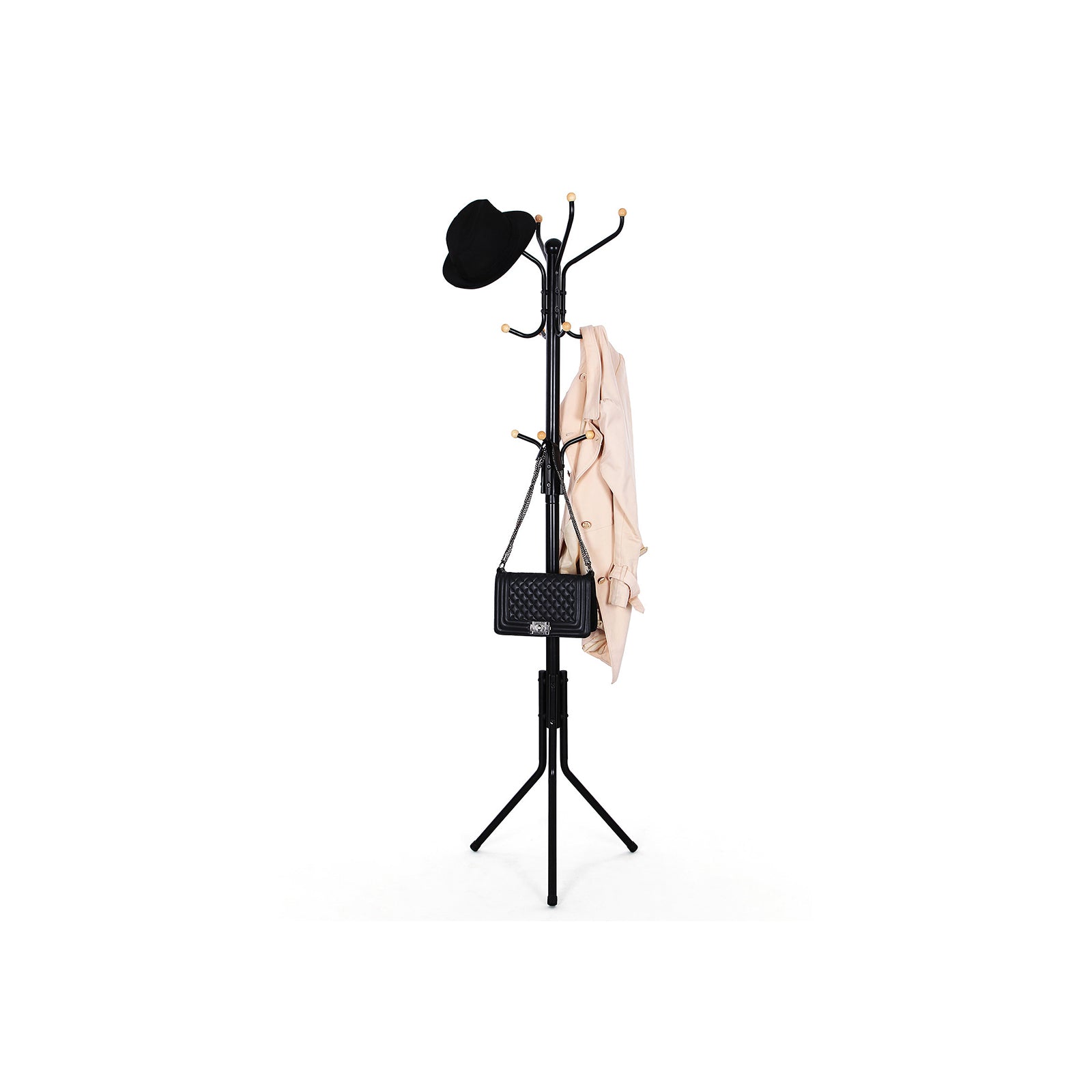 Clothes Stand – Metal – Black – 182 cm Height with Hat and Handbag Hooks