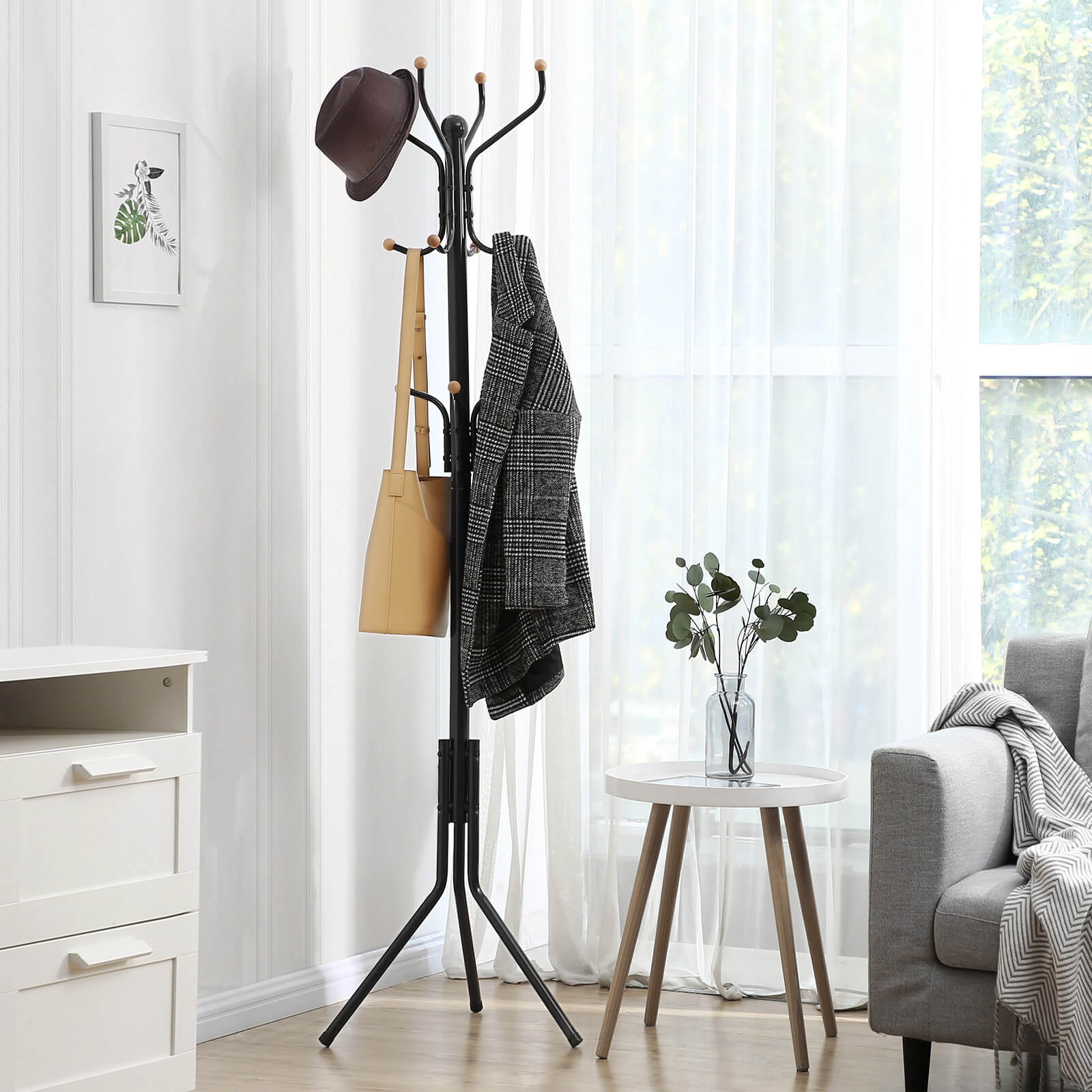 Clothes Stand – Metal – Black – 182 cm Height with Hat and Handbag Hooks