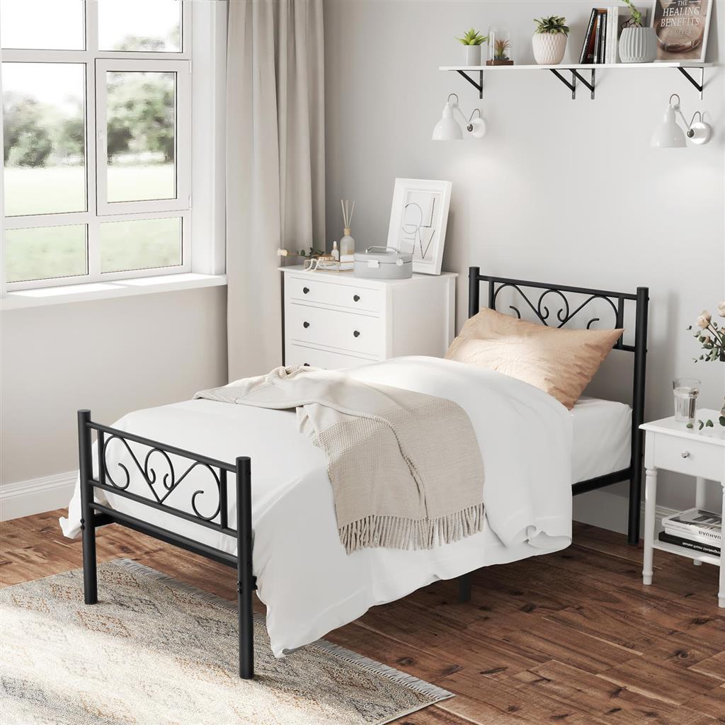 Double Bed Frame – Metal – Black – Fits 140 x 190 cm Mattress, No Box Spring Needed, Simple Assembly