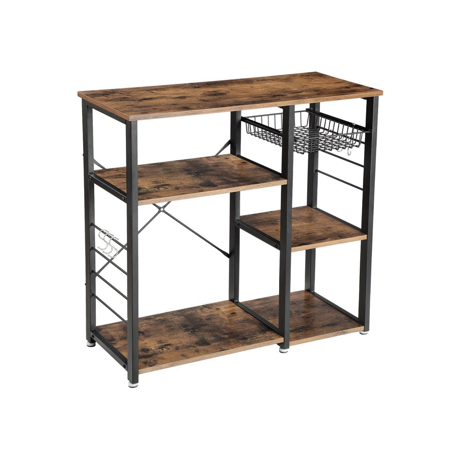 Metal Frame Kitchen Shelf – Metal and Wood – Industrial Style – Multifunctional Storage with Wire Basket and Hooks