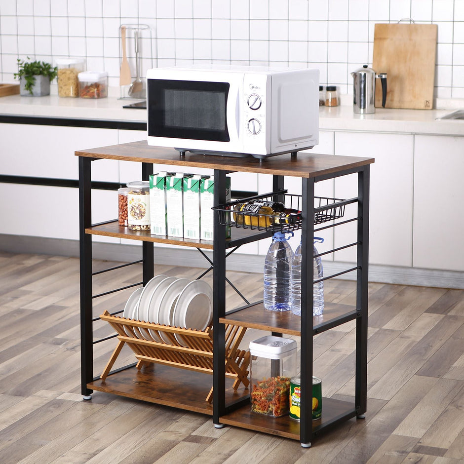 Metal Frame Kitchen Shelf – Metal and Wood – Industrial Style – Multifunctional Storage with Wire Basket and Hooks